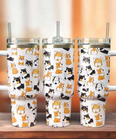 Cute Corgi Animal Custom Stanley Quencher 40Oz Stainless Steel Tumbler With Handle