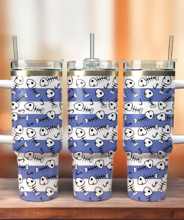 Fish Skeleton Artwork Custom Stanley Quencher 40Oz Stainless Steel Tumbler With Handle