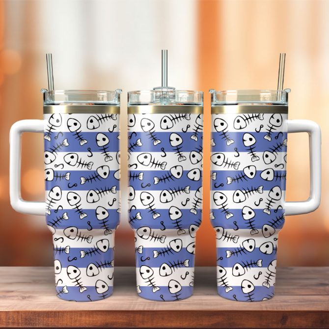 Fish Skeleton Artwork Custom Stanley Quencher 40Oz Stainless Steel Tumbler With Handle