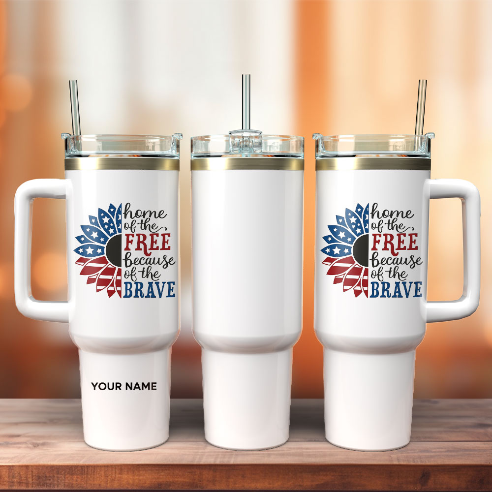 Sunflower Home Of The Free Because Of The Brave Gift Custom Stanley Quencher 40Oz Stainless Steel Tumbler With Handle