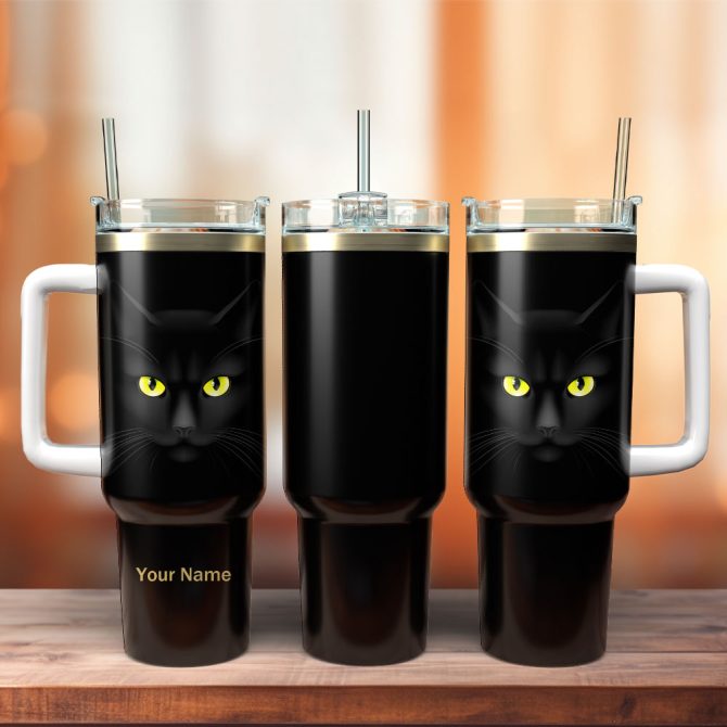 Black Cat Artwork Custom Stanley Quencher 40Oz Stainless Steel Tumbler With Handle
