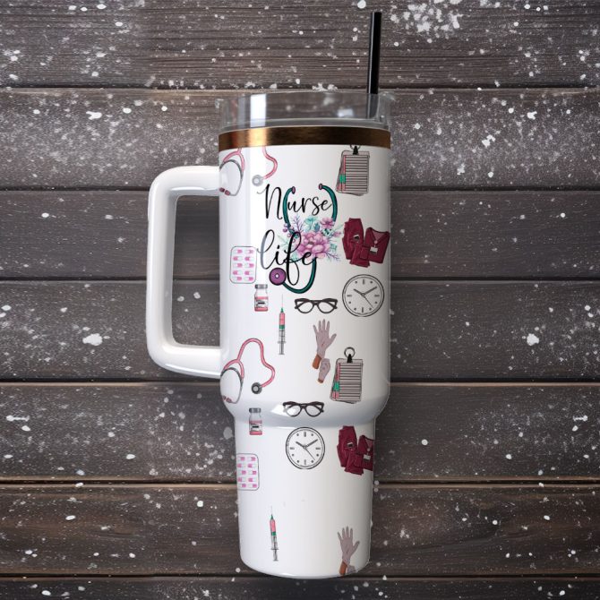 Heart Flower Nurse Life Custom Stanley Quencher 40Oz Stainless Steel Tumbler With Handle - Image 4
