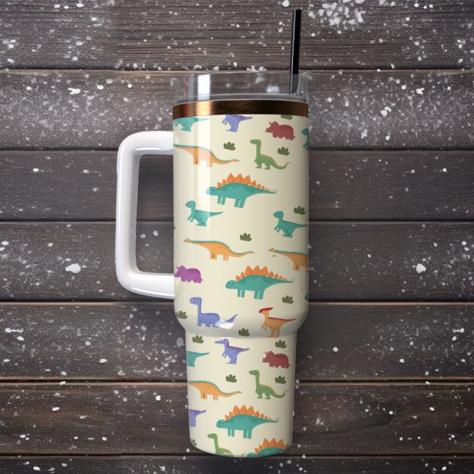 Dinosaur Animal Colorful Custom Stanley Quencher 40Oz Stainless Steel Tumbler With Handle - Image 4