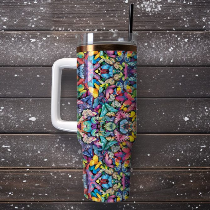 Colorful Butterfly Custom Stanley Quencher 40Oz Stainless Steel Tumbler With Handle - Image 4