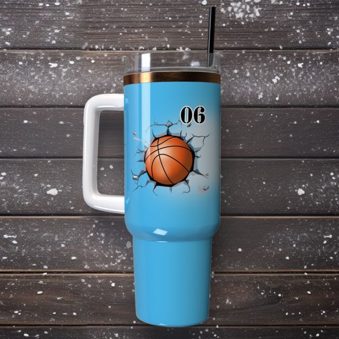 Basketball Smash Blue Sport Custom Stanley Quencher 40Oz Stainless Steel Tumbler With Handle - Image 4