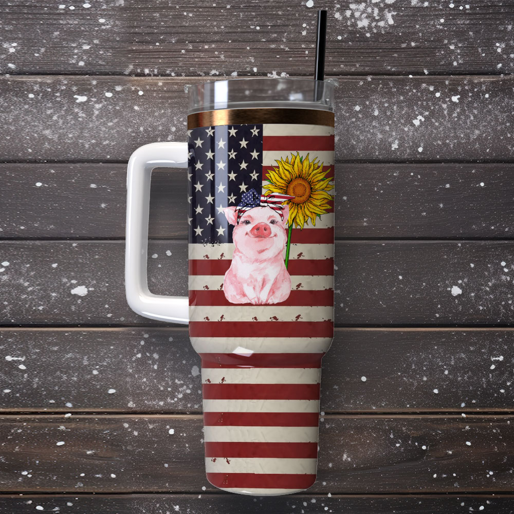 Patriotic Pig Sunflower American Flag Custom Stanley Quencher 40Oz Stainless Steel Tumbler With Handle - Image 4