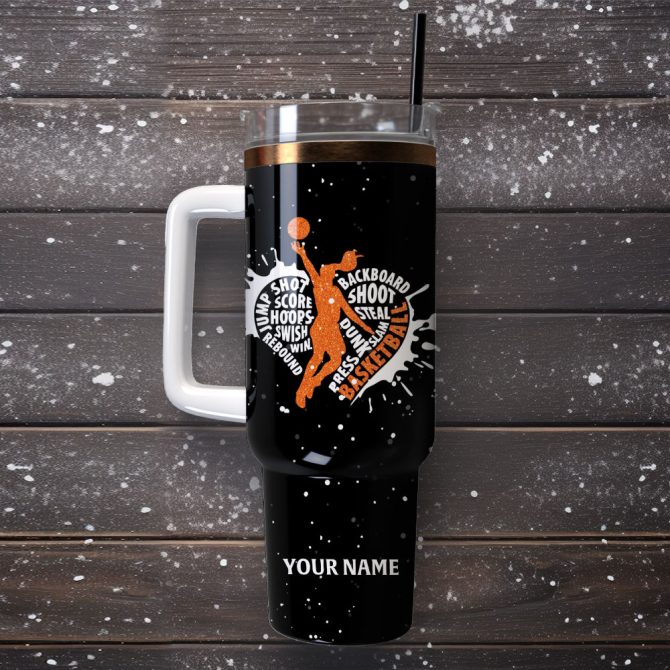 Basketball Artwork Sport Custom Stanley Quencher 40Oz Stainless Steel Tumbler With Handle - Image 4