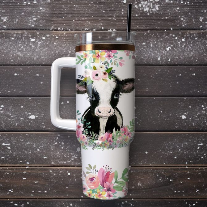 Baby Cow Flower Arkwork Custom Stanley Quencher 40Oz Stainless Steel Tumbler With Handle - Image 4