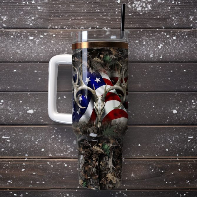 American Flag Deer Horn Artwork Custom Stanley Quencher 40Oz Stainless Steel Tumbler With Handle - Image 4