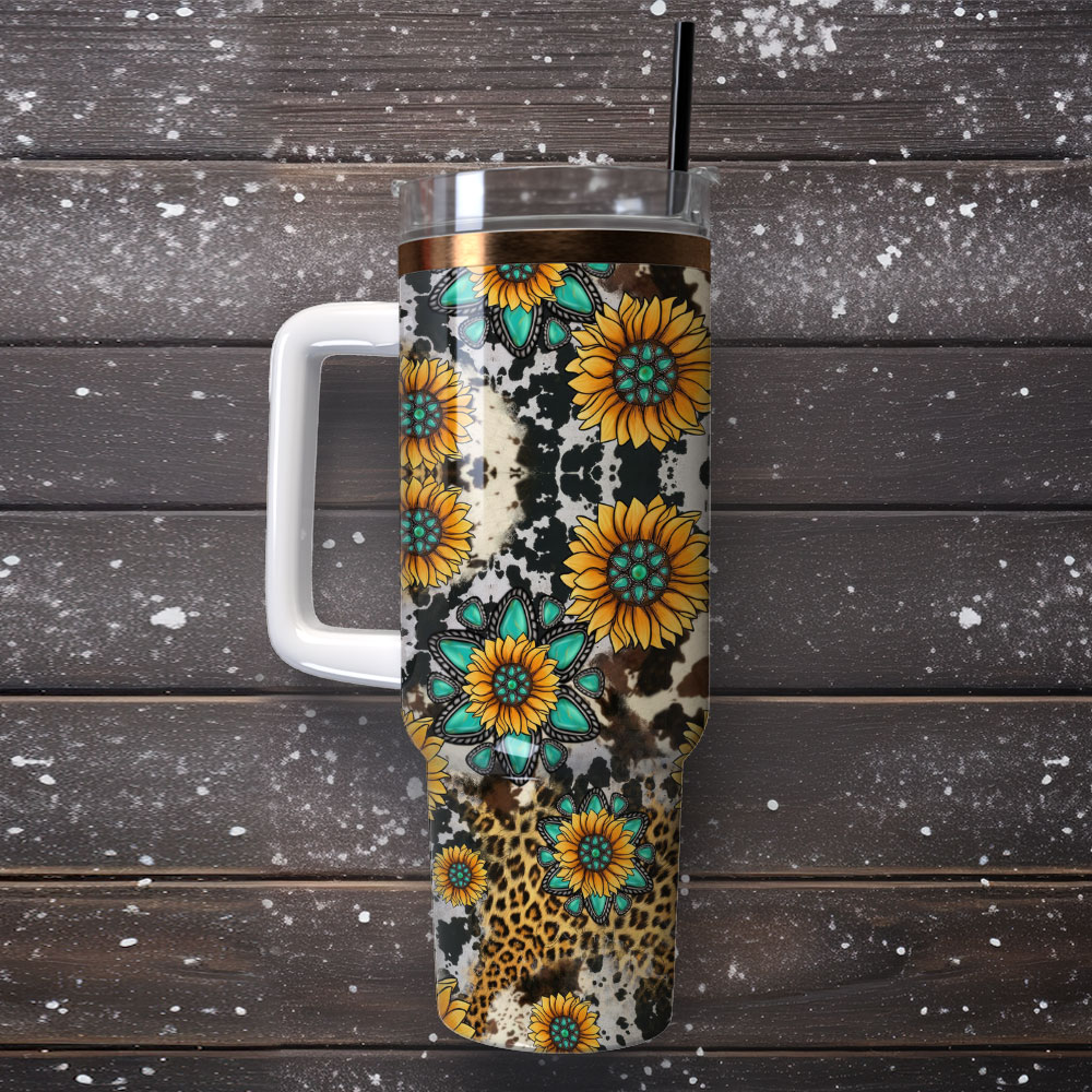Sunflowers On Animal Prints Artwork Custom Stanley Quencher 40Oz Stainless Steel Tumbler With Handle - Image 4