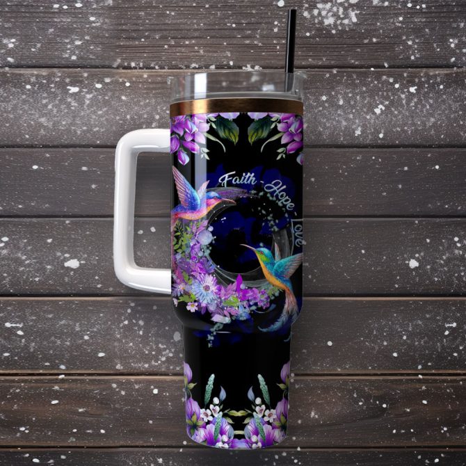 Couple Hummingbirds Flowers Artwork Custom Stanley Quencher 40Oz Stainless Steel Tumbler With Handle - Image 4