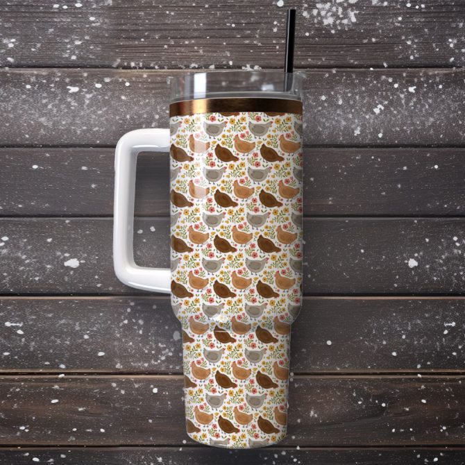 Flower Chicken Pattern Artwork Custom Stanley Quencher 40Oz Stainless Steel Tumbler With Handle - Image 4