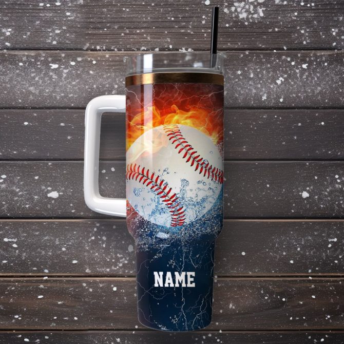 Homerun Flying Baseball Artwork Sport Custom Stanley Quencher 40Oz Stainless Steel Tumbler With Handle - Image 4