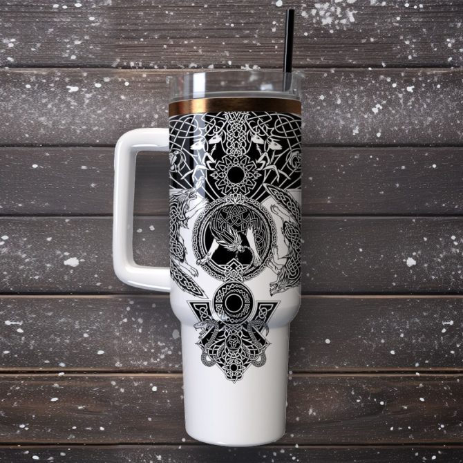 Black White Sagas Tattoo Pattern Games Custom Stanley Quencher 40Oz Stainless Steel Tumbler With Handle - Image 4