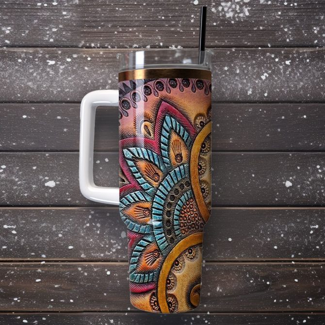 Bohemian Pattern Artwork Custom Stanley Quencher 40Oz Stainless Steel Tumbler With Handle - Image 4
