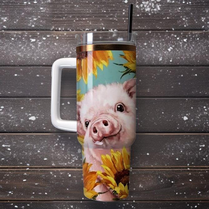 Cute Piglet Sunflower Artwork Custom Stanley Quencher 40Oz Stainless Steel Tumbler With Handle - Image 4