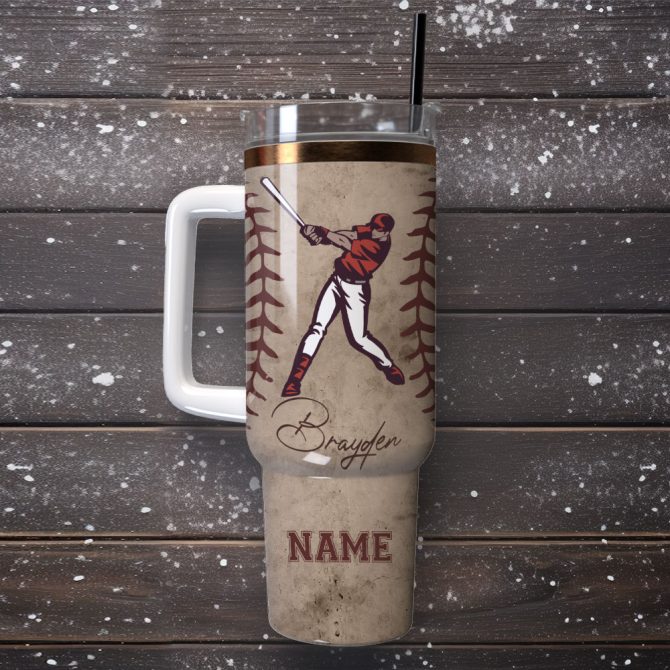 Brayden Taylor Baseball Player Bat Sport Custom Stanley Quencher 40Oz Stainless Steel Tumbler With Handle - Image 4