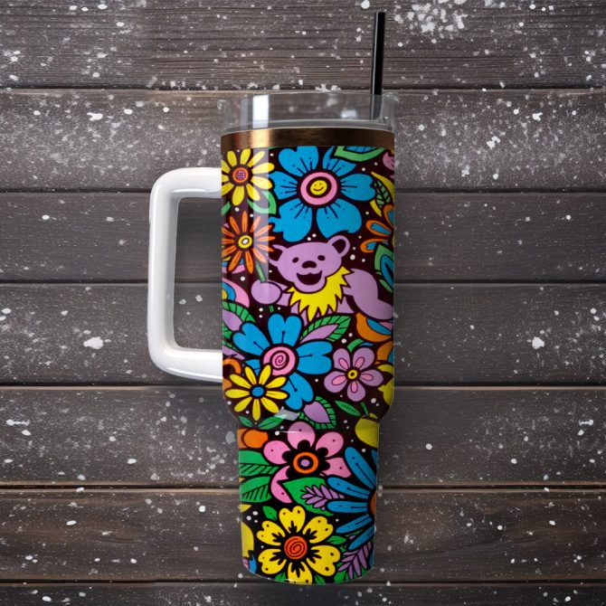 Hippie Colorful Flower Artwork Custom Stanley Quencher 40Oz Stainless Steel Tumbler With Handle - Image 4