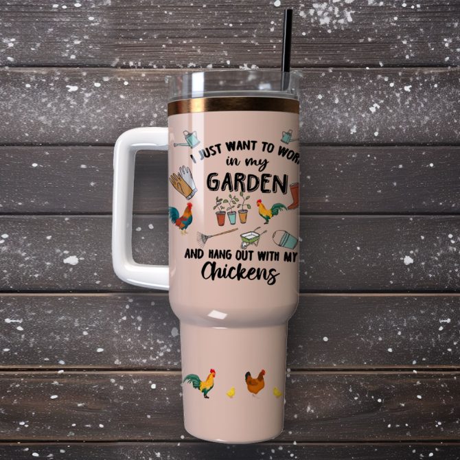 Garden Chicken Sketch Artwork Custom Stanley Quencher 40Oz Stainless Steel Tumbler With Handle - Image 4