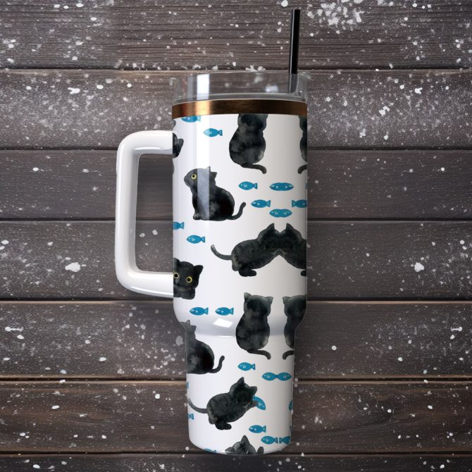 Cute Black Cat And Fish Pattern Artwork Custom Stanley Quencher 40Oz Stainless Steel Tumbler With Handle - Image 4