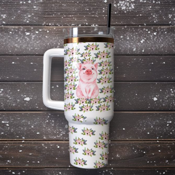 Cute Pig Art Custom Stanley Quencher 40Oz Stainless Steel Tumbler With Handle - Image 4