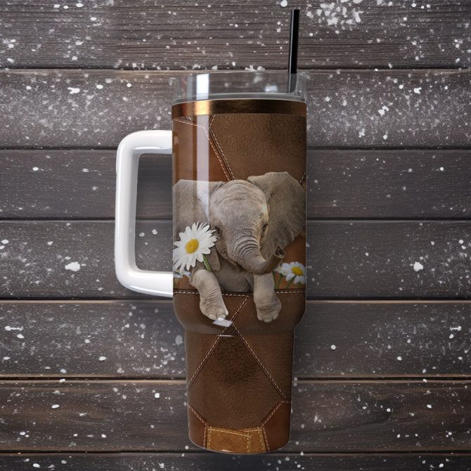 Cute Elephant Art Custom Stanley Quencher 40Oz Stainless Steel Tumbler With Handle - Image 4