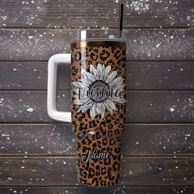 Flower And Leopard Artwork Custom Stanley Quencher 40Oz Stainless Steel Tumbler With Handle - Image 4