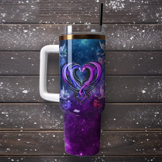 Dragon Heart Galaxy Art Custom Stanley Quencher 40Oz Stainless Steel Tumbler With Handle - Image 4