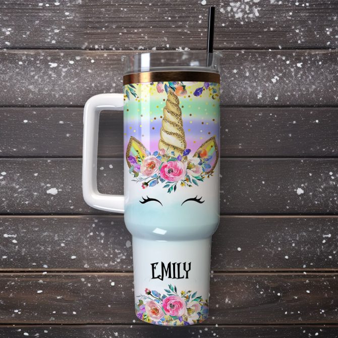 Colorful Unicorn Custom Stanley Quencher 40Oz Stainless Steel Tumbler With Handle - Image 4