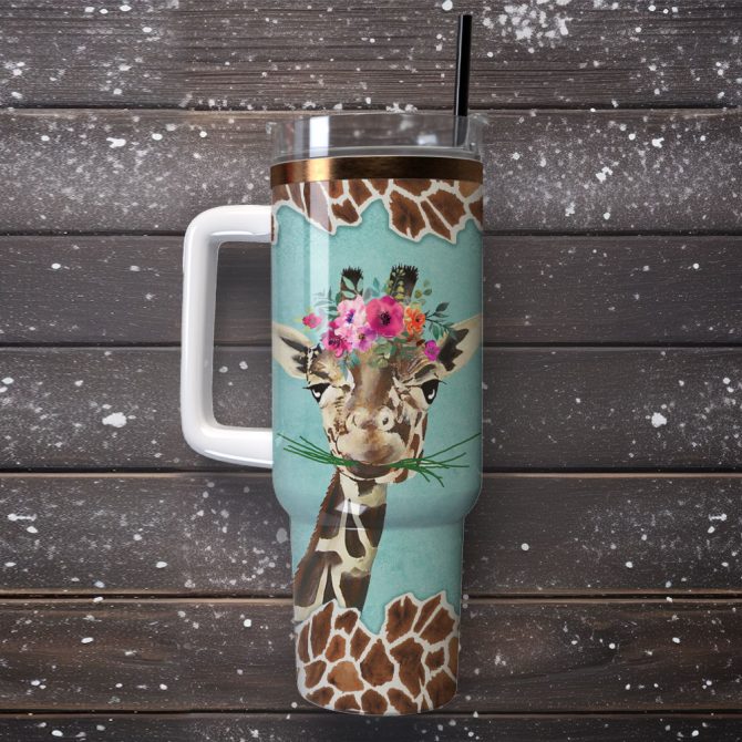 Giraffe And Flowers Custom Stanley Quencher 40Oz Stainless Steel Tumbler With Handle - Image 4