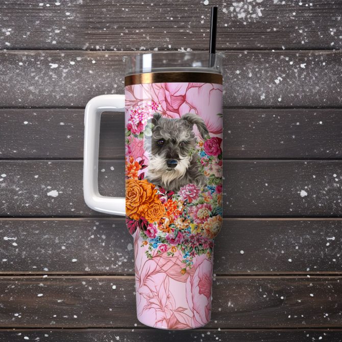 Dog And Flowers Custom Stanley Quencher 40Oz Stainless Steel Tumbler With Handle - Image 4