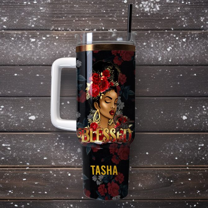 Black Woman Just Blessed Custom Stanley Quencher 40Oz Stainless Steel Tumbler With Handle - Image 4