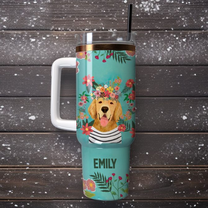 Dog And Flowers Custom Stanley Quencher 40Oz Stainless Steel Tumbler With Handle - Image 4