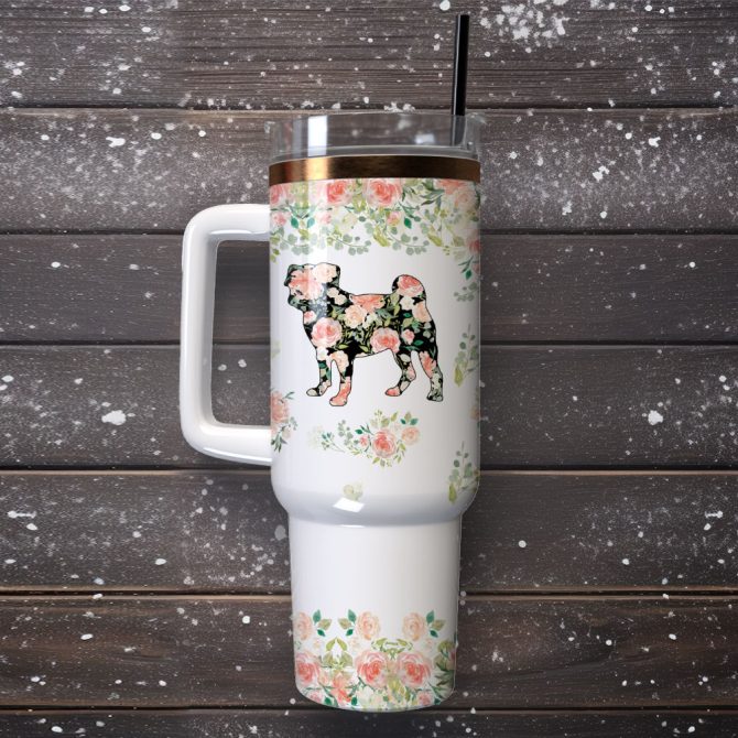 Dog And Flowers Artwork Custom Stanley Quencher 40Oz Stainless Steel Tumbler With Handle - Image 4