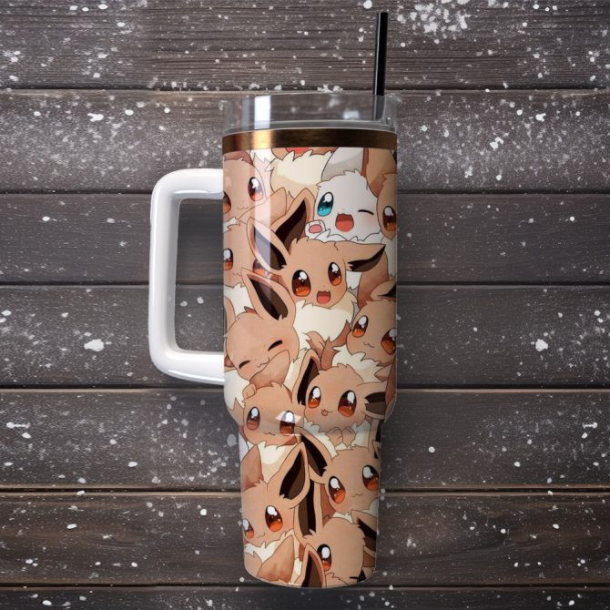 Eevee Pokemon Anime Custom Stanley Quencher 40Oz Stainless Steel Tumbler With Handle - Image 4