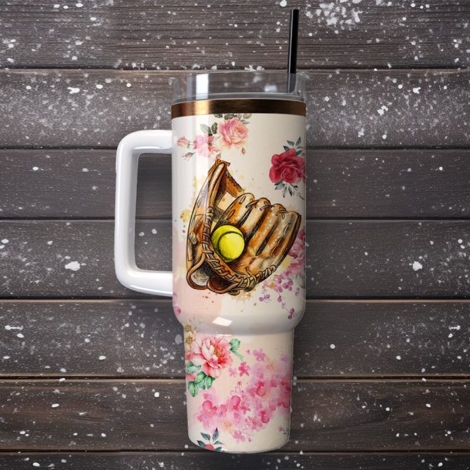 Baseball Glove And Ball Artwork Custom Stanley Quencher 40Oz Stainless Steel Tumbler With Handle - Image 4