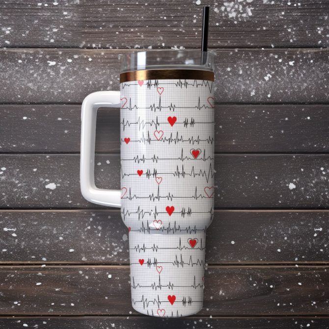 Heartbeat Line Artwork Custom Stanley Quencher 40Oz Stainless Steel Tumbler With Handle - Image 4