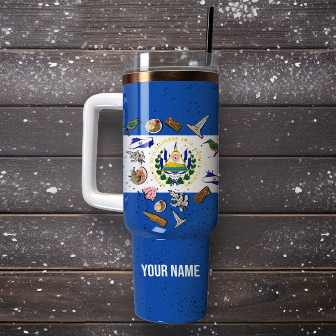 El Salvador Flag Symbols Custom Stanley Quencher 40Oz Stainless Steel Tumbler With Handle - Image 4