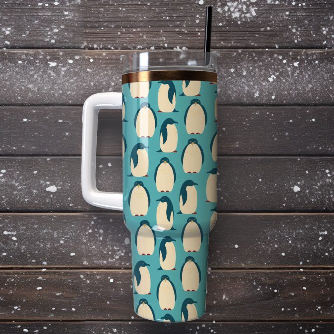 Cute Penguin Artwork Custom Stanley Quencher 40Oz Stainless Steel Tumbler With Handle - Image 4