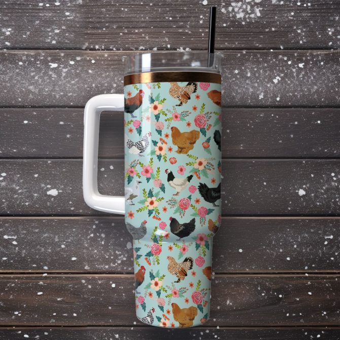 Chicken Breeds Floral Artwork Custom Stanley Quencher 40Oz Stainless Steel Tumbler With Handle - Image 4