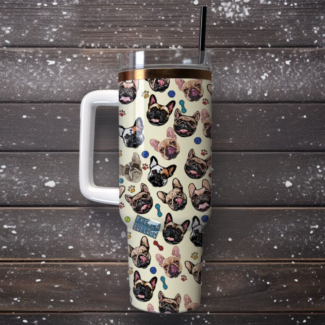 French Bull Dog Artwork Custom Stanley Quencher 40Oz Stainless Steel Tumbler With Handle - Image 4