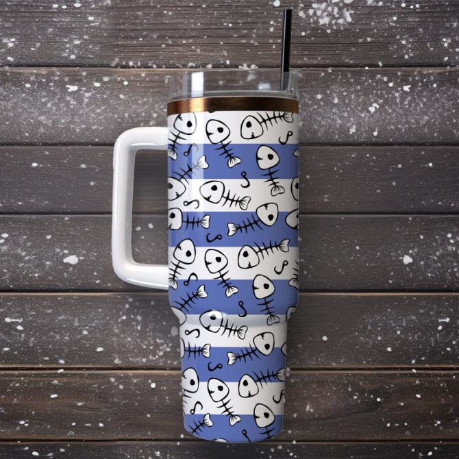 Fish Skeleton Artwork Custom Stanley Quencher 40Oz Stainless Steel Tumbler With Handle - Image 4