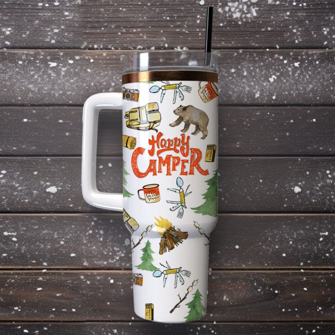 Happy Camper Artwork Custom Stanley Quencher 40Oz Stainless Steel Tumbler With Handle - Image 4