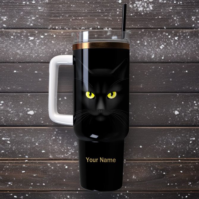 Black Cat Artwork Custom Stanley Quencher 40Oz Stainless Steel Tumbler With Handle - Image 4