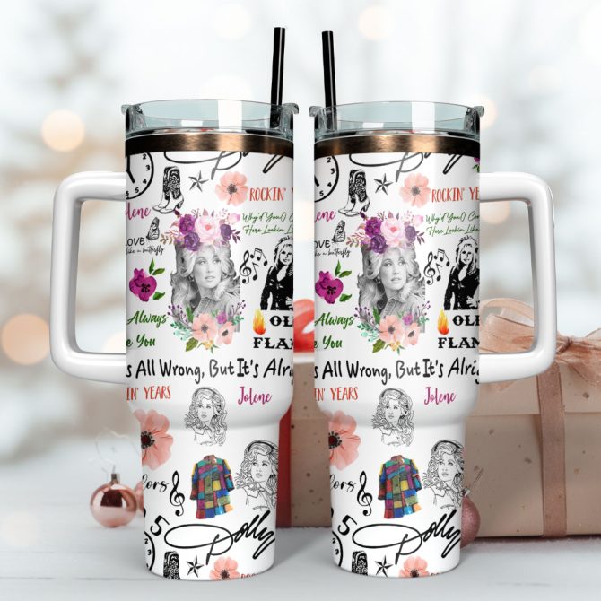 Dolly Parton Singer Song Writer Flowers Custom Stanley Quencher 40Oz Stainless Steel Tumbler With Handle - Image 3