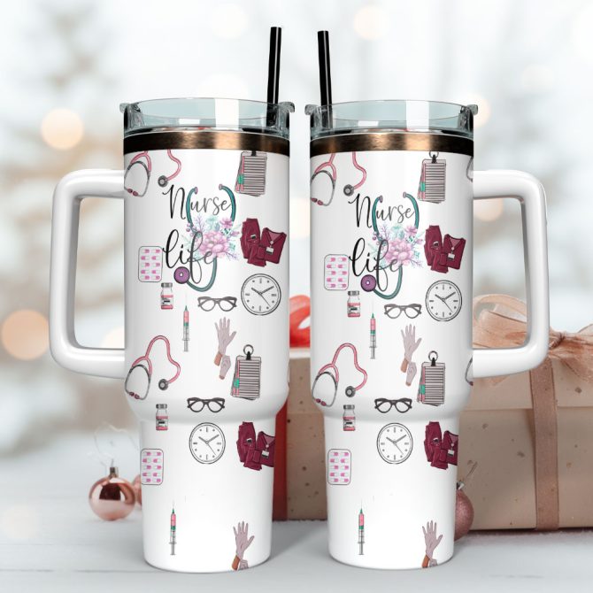 Heart Flower Nurse Life Custom Stanley Quencher 40Oz Stainless Steel Tumbler With Handle - Image 3