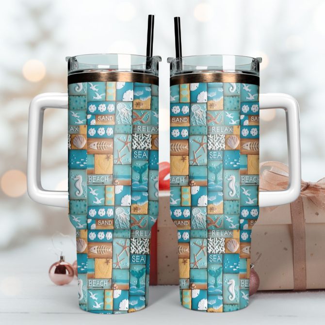 Beach Artwork Custom Stanley Quencher 40Oz Stainless Steel Tumbler With Handle - Image 3
