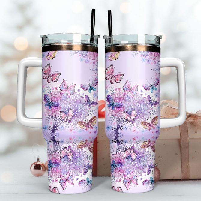 Butterfly Colorful Stanley Quencher 40Oz Stainless Steel Tumbler With Handle - Image 3