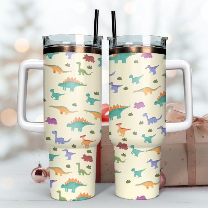 Dinosaur Animal Colorful Custom Stanley Quencher 40Oz Stainless Steel Tumbler With Handle - Image 3
