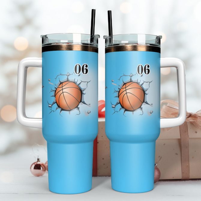 Basketball Smash Blue Sport Custom Stanley Quencher 40Oz Stainless Steel Tumbler With Handle - Image 3